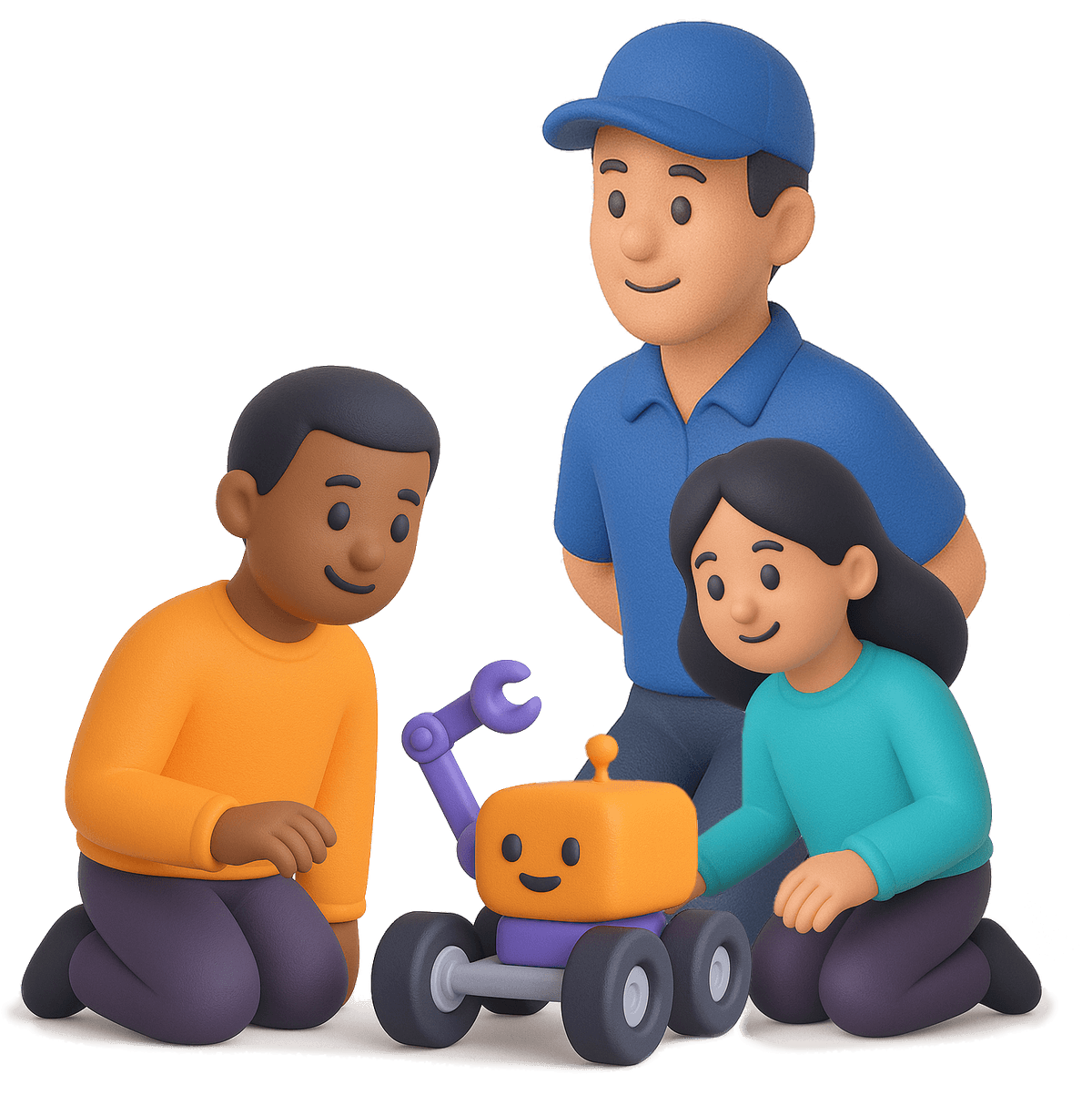 Kids learning robotics with their mentor